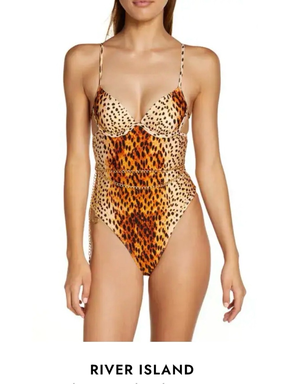 River Island Leopard-Print One-Piece Swimsuit in Tan and Orange Size 18